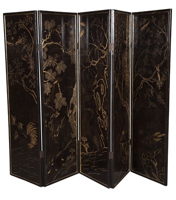 Lot 174 - Chinese Lacquered Five-Paneled Screen