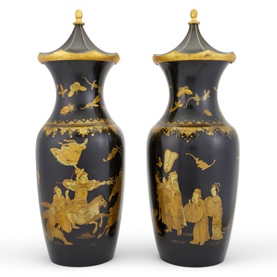 Lot 100 - Pair of Chinese Gilt Lacquered Covered Vases