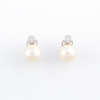 Lot 55 - Two Diamond and Bead Earrings, 2 diamonds, 18K 4 dwt. all