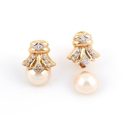 Lot 197 - Two Diamond and Bead Earrings, 14K 6 dwt. all, bead loose
