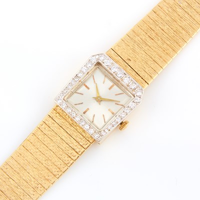 Lot 204 - Ladys Diamond Bracelet Watch, 34 diamonds about 0.65 ct., 17 Jewels, Swiss, 14K 33 dwt. all