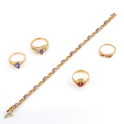 Lot 224 - Two Diamond and Stone Rings, Flexible Bracelet and Two Gold and Stone Rings, 14K 11 dwt. all,       damaged