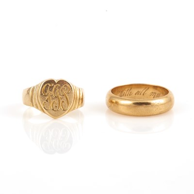 Lot 231 - Gold Initial Ring and Wedding Ring, 14K 6 dwt.