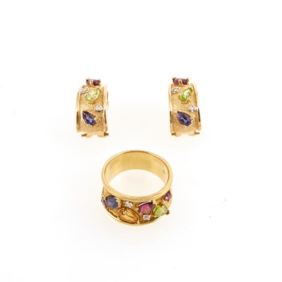 Lot 240 - Two Diamond and Stone Earrings and Ring, 14K 9 dwt. all