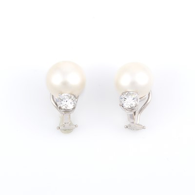 Lot 270 - Two Diamond and Bead Earrings about 2.10 cts., 14K 8 dwt. all, stone damaged