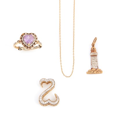 Lot 272 - Diamond and Stone Ring, Two Pendants and Gold Neck Chain, 14K 5 dwt. all, stone missing