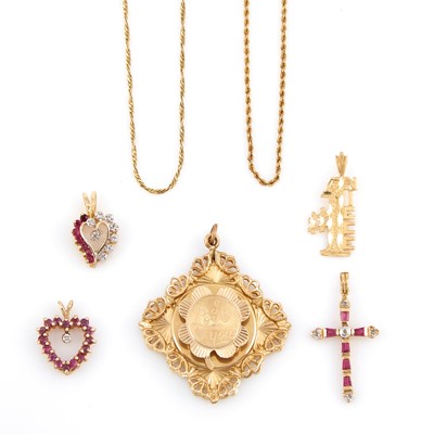 Lot 310 - Three Diamond and Stone Pendants, Two Gold Pendants and Two Neck Chains, 14K 11 dwt. all