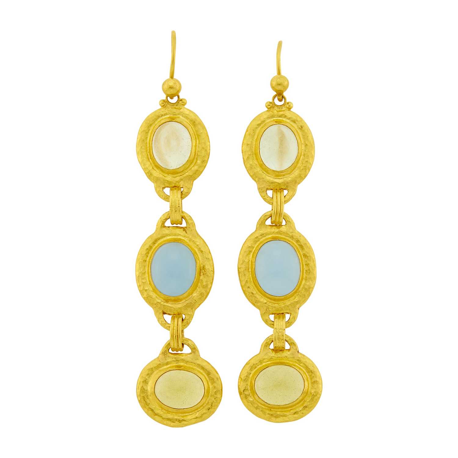 Lot 10 - Gurhan Pair of High Karat Hammered Gold and Gem-Set Pendant-Earrings