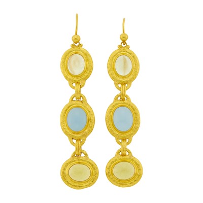 Lot 10 - Gurhan Pair of High Karat Hammered Gold and Gem-Set Pendant-Earrings