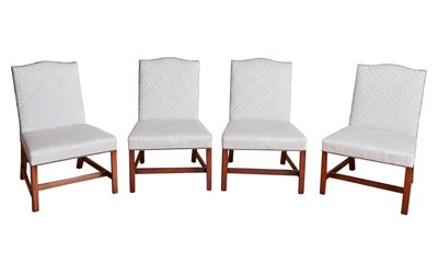 Lot 72 - Set of Four George III Style Upholstered Mahogany and Brass Nailhead Side Chairs