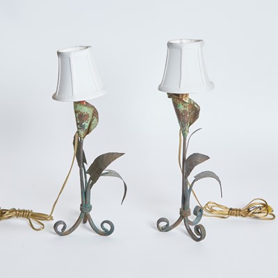 Lot 94 - Pair of Painted and Wrought Iron Floral-Form Lamps