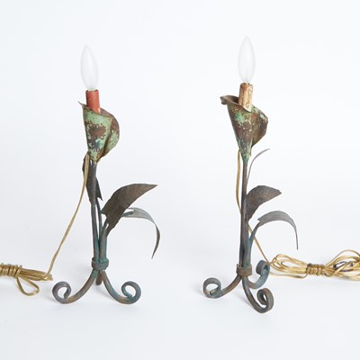 Lot 94 - Pair of Painted and Wrought Iron Floral-Form Lamps