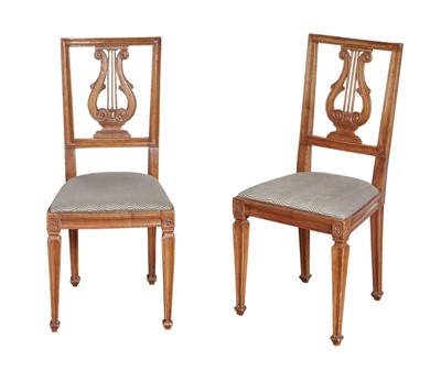 Lot 228 - Pair of Continental Neoclassical Walnut Lyre-Back Side Chairs