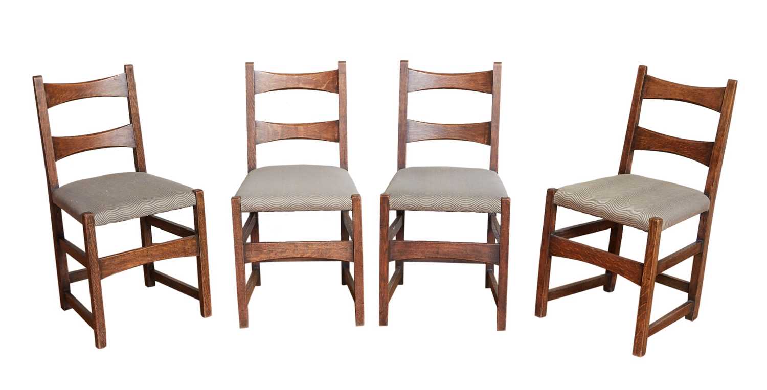 Lot 98 - Set of Four Arts and Crafts Oak Slat Back Armchairs