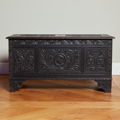 Lot 180 - Jacobean Style Carved and Dark Stained Oak Panel Chest