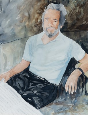 Lot 245 - An Original Watercolor Portrait of Stephen Sondheim Holding a Musical Score