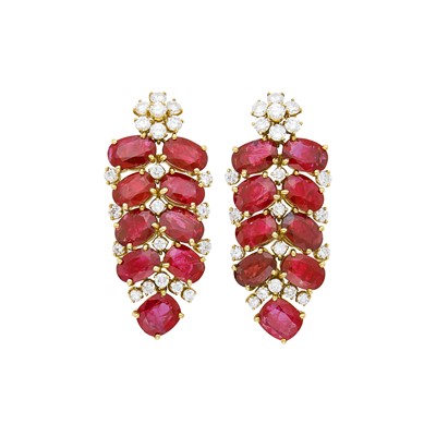 Lot 202 - Pair of Gold, Ruby and Diamond Pendant-Earrings