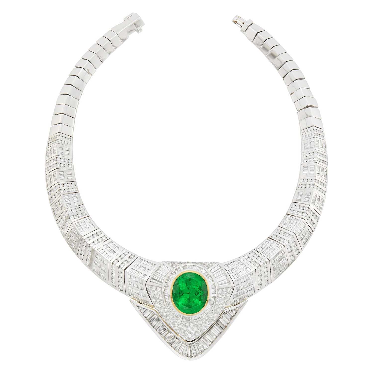 Lot 111 - White Gold, Emerald and Diamond Necklace