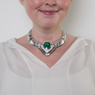 Lot 111 - White Gold, Emerald and Diamond Necklace