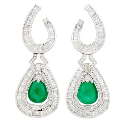 Lot 1144 - Pair of White Gold, Emerald Bead and Diamond Pendant-Earclips