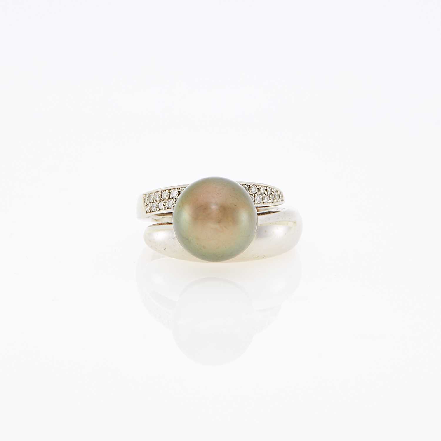 Lot 1053 - White Gold, Gray Tahitian Cultured Pearl and Diamond Ring