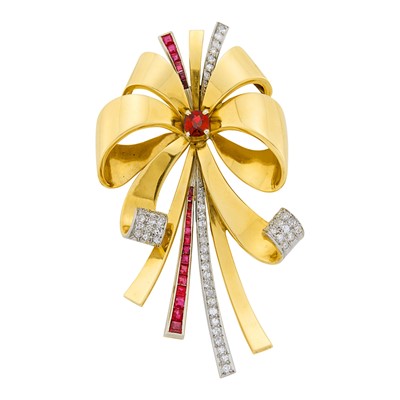 Lot 93 - Gold, Platinum, Ruby and Diamond Bow Clip