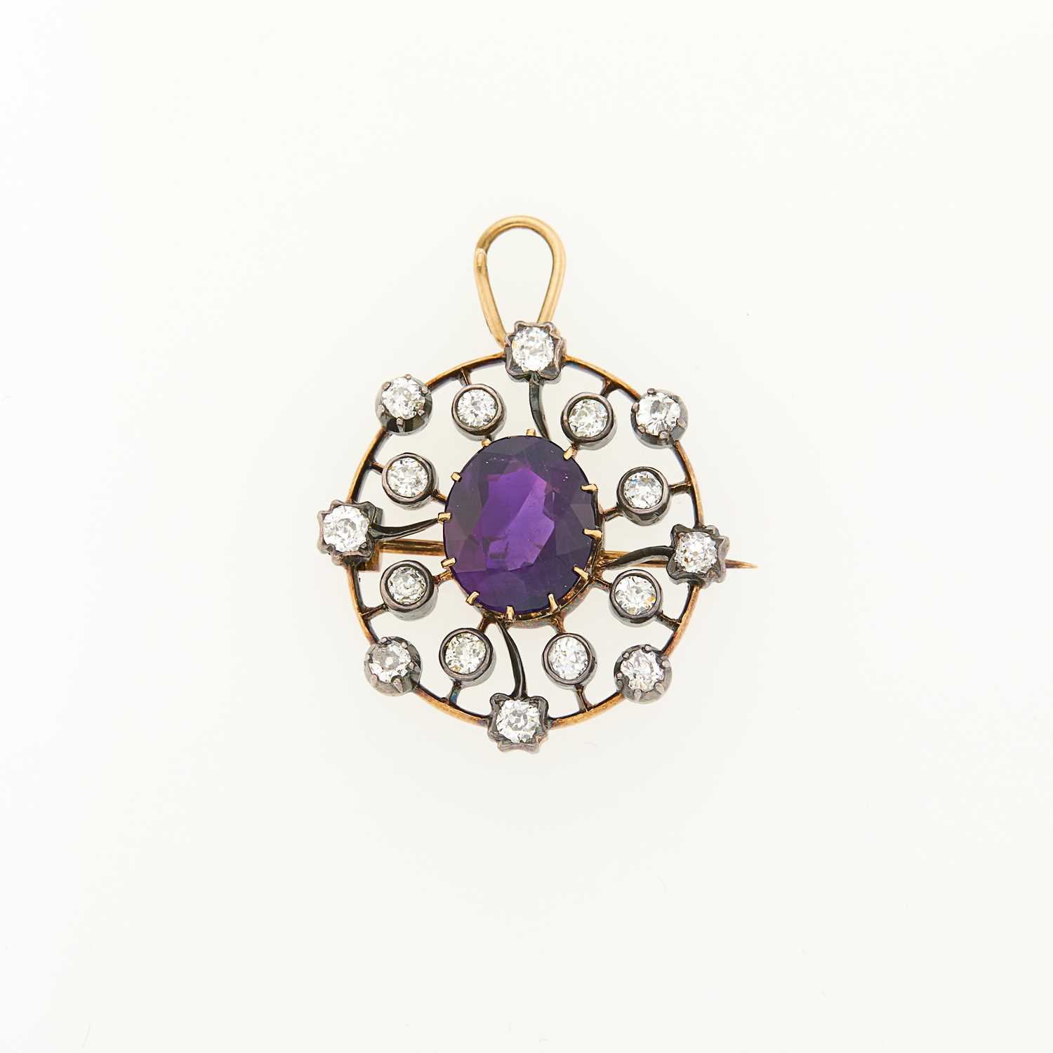 Lot 1140 - Antique Gold, Silver, Amethyst and Diamond Pendant-Brooch
