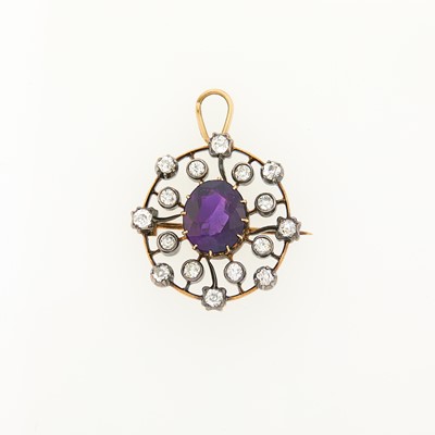 Lot 1140 - Antique Gold, Silver, Amethyst and Diamond Pendant-Brooch