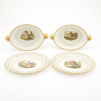 Lot 250 - Pair of English Castle Decorated Chestnut Baskets and Underplates