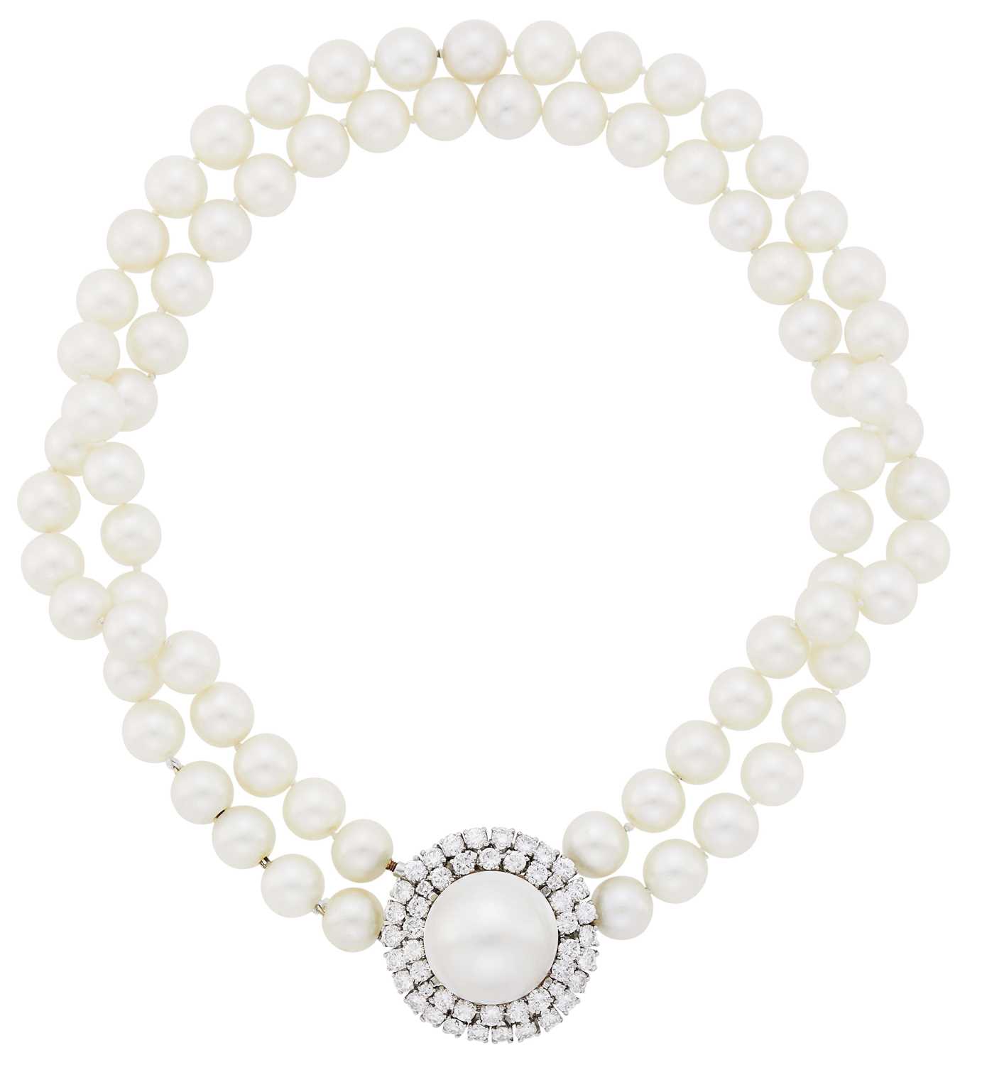Lot 62 - Double Strand Cultured Pearl Necklace with Platinum, White Gold, Mabé Pearl and Diamond Clip-Brooch Enhancer