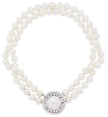 Lot 62 - Double Strand Cultured Pearl Necklace with Platinum, White Gold, Mabé Pearl and Diamond Clip-Brooch Enhancer