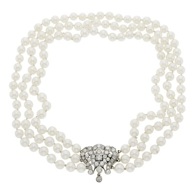 Lot 1156 - Triple Strand Cultured Pearl Necklace with Platinum, Diamond and Gray Cultured Pearl Clasp