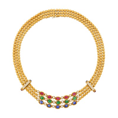 Lot 155 - Triple Strand Gold, Cabochon Colored Stone and Diamond Necklace