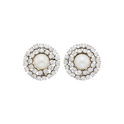 Lot 61 - Pair of Gold-Plated White Gold, Cultured Pearl and Diamond Earrings