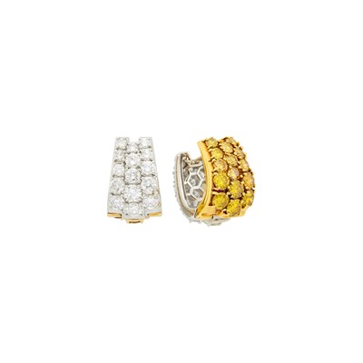 Lot 128 - Pair of Platinum, Gold, Diamond and Colored Diamond Reversible Huggie Earrings