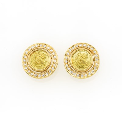 Lot 1021 - Pair of Gold, Gold Medallion and Diamond Earclips