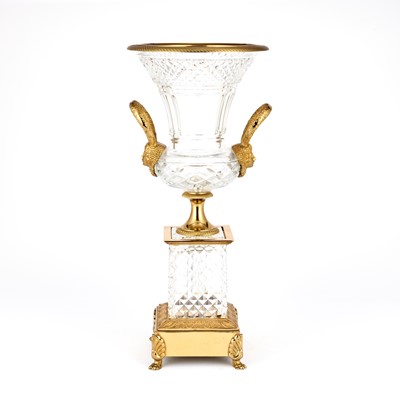 Lot 454 - Empire Style Gilt-Metal Mounted Molded Glass Two-Handled Centerpiece Vase on Pedestal