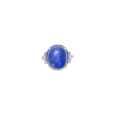 Lot 123 - Platinum, Cabochon Sapphire and Diamond Ring