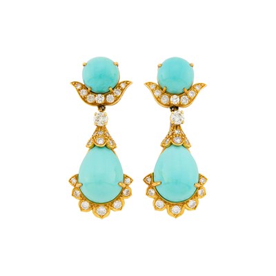 Lot Pair of Gold, Turquoise and Diamond Pendant-Earclips