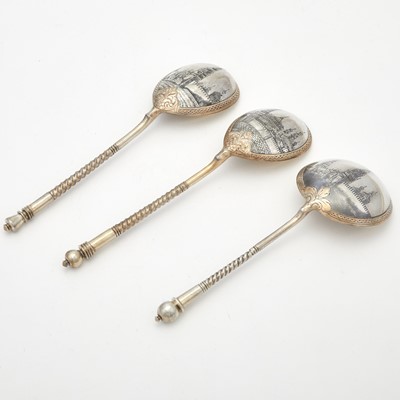Lot 18 - Three Russian Silver-Gilt and Niello Spoons
