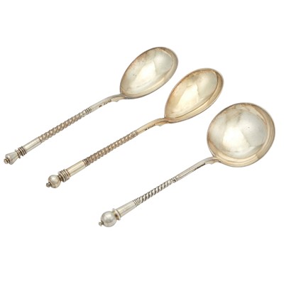 Lot 18 - Three Russian Silver-Gilt and Niello Spoons