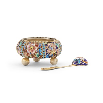 Lot 106 - Russian Silver and Cloisonné Enamel Salt and Spoon