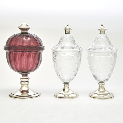 Lot 117 - Pair of Dominck & Haff Sterling Silver Mounted Covered Cut Glass Vases