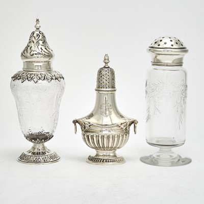 Lot 105 - Three Sterling Silver and Glass Casters