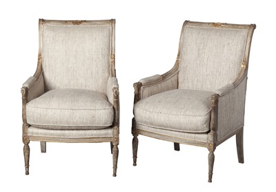 Lot 369 - Pair of Directoire Style Raw Silk Upholstered Painted Bergères