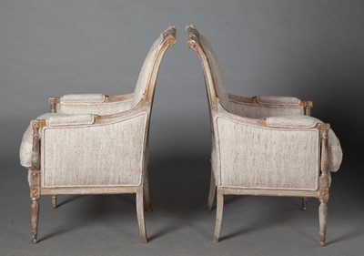 Lot 369 - Pair of Directoire Style Raw Silk Upholstered Painted Bergères