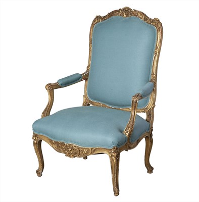 Lot 393 - Louis XV Style Upholstered Giltwood Fauteuil