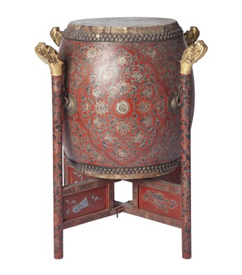 Lot 225 - Chinese Lacquer Decorated Barrel Drum on Lacquer Stand