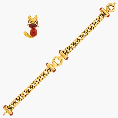 Lot 1171 - Two-Color Gold and Carnelian Toggle Bracelet and Cat Pin