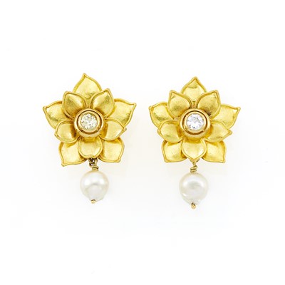Lot 1063 - Pair of Gold, Diamond and Semi-Baroque Cultured Pearl Flower Earclips